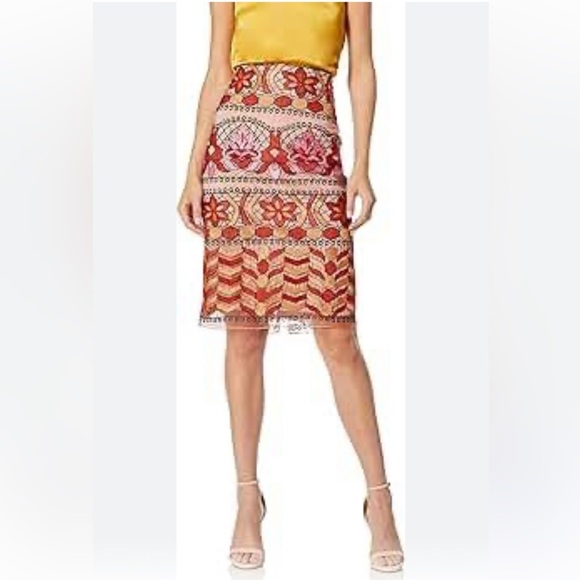 ECI Floral Pencil Midi Skirt Red and Orange Embroidery Fall Winter Wear Size 12 - Picture 1 of 9